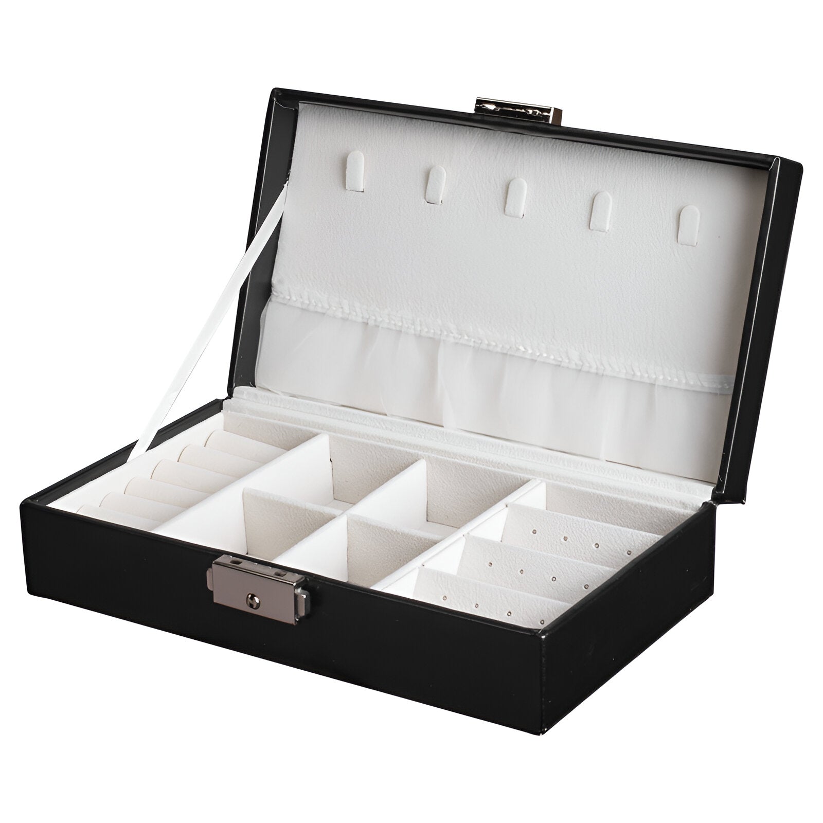 Boîte à bijoux nomade noire avec compartiments multiples et intérieur blanc en velours.
