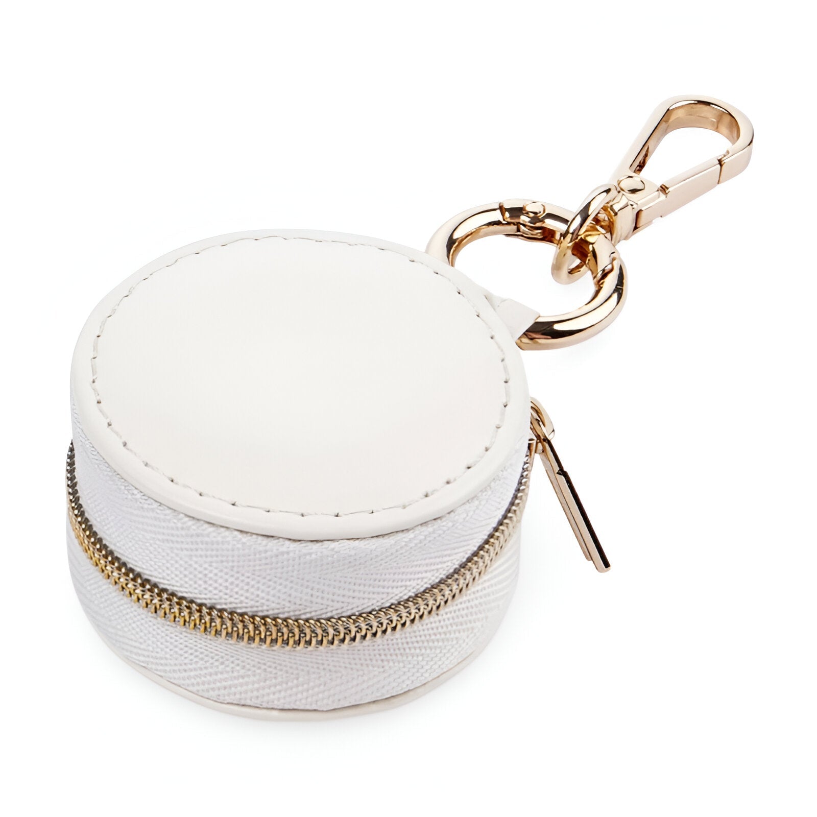 Boîte à bijoux ronde blanche mini format avec fermeture éclair dorée et mousqueton assorti.