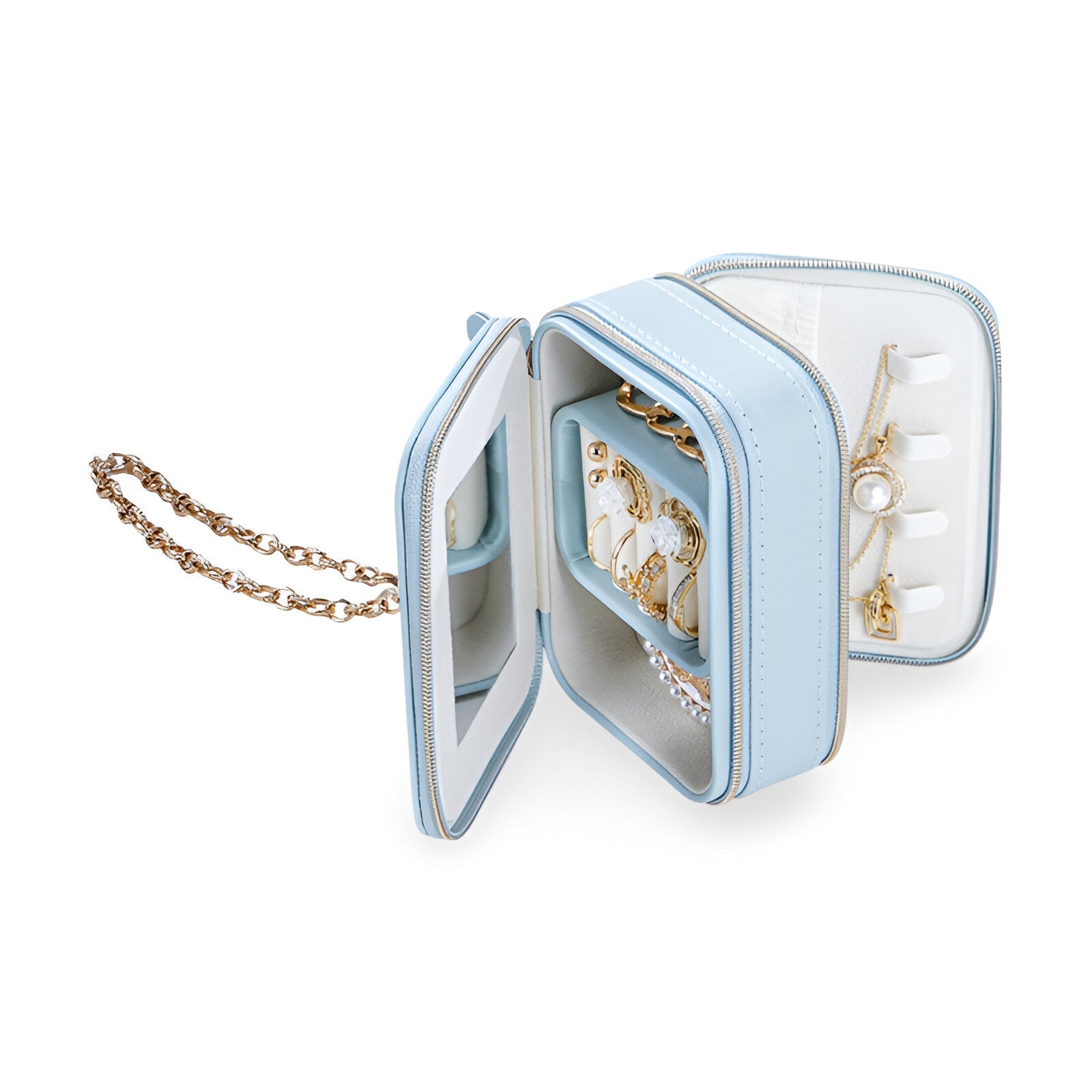 Boîte à bijoux bleue en forme de sac à main avec miroir intérieur et rangement pour bijoux, chaîne dorée élégante.