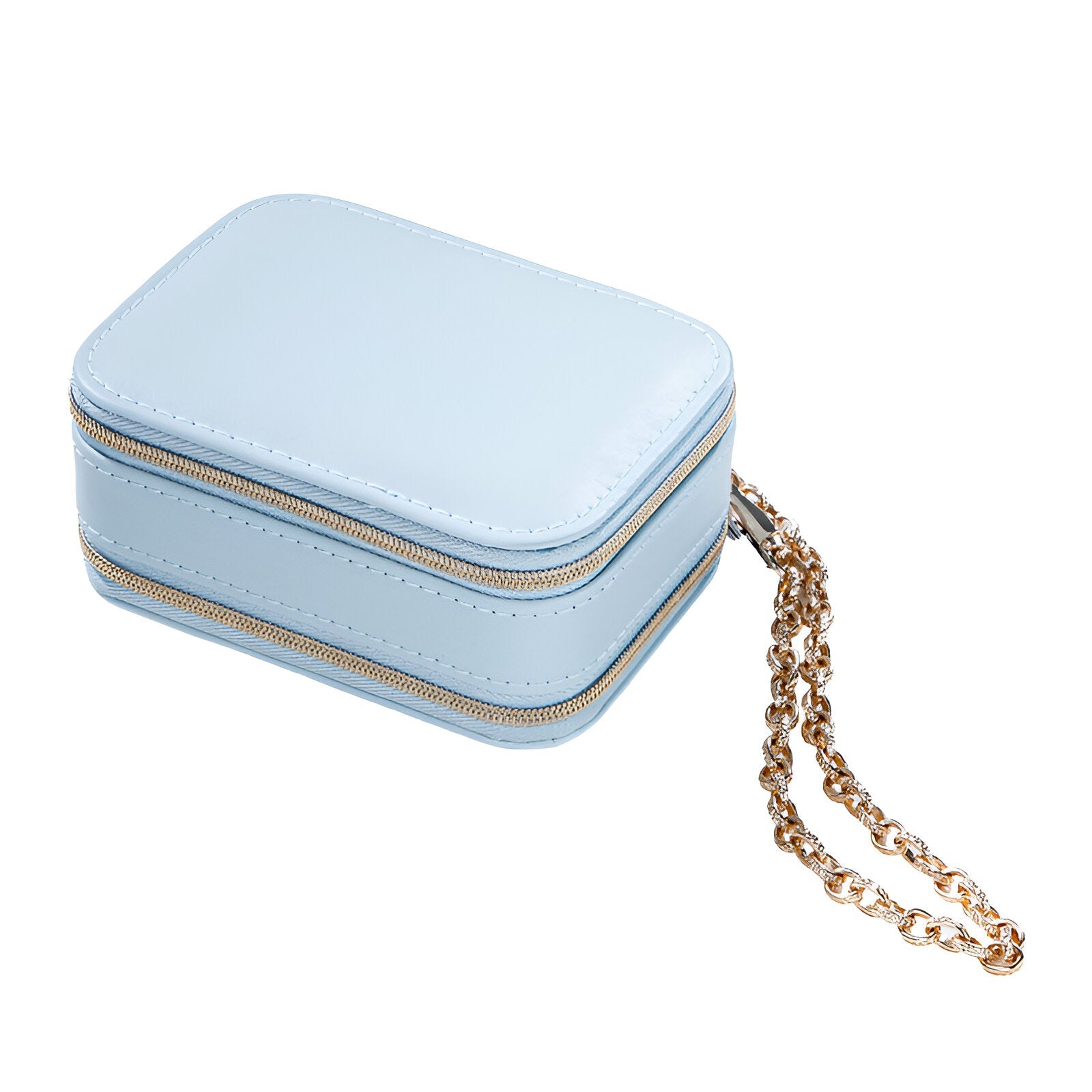 Boîte à bijoux nomade bleue en cuir avec fermeture éclair et chaîne dorée chic.