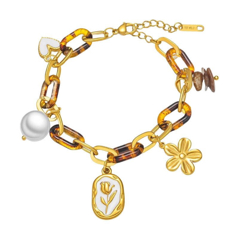 Bracelet à charms doré, maillons acrylique effet écaille, perle baroque, médaillon tulipe émail blanc, fleur dorée, acier inoxydable, ajustable, modèle Cladia