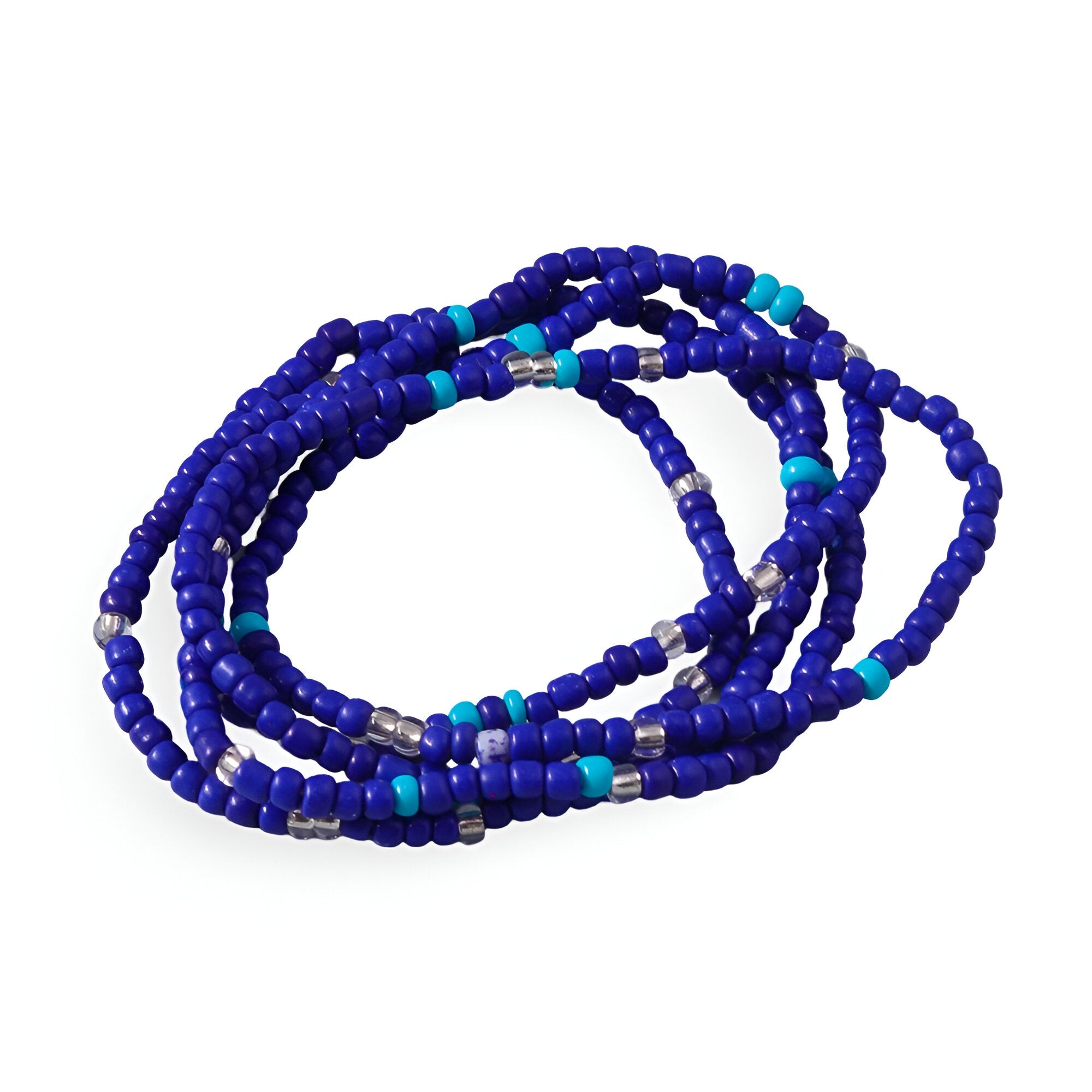 Bracelet à enrouler en perles de résine bleu azure et turquoise avec petites perles argentées.