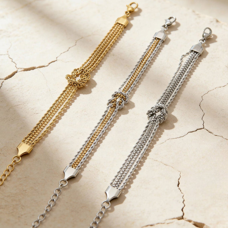 Bracelet à mailles multiples avec nœud central, acier inoxydable plaqué or 18 carats, style minimaliste raffiné, modèle Coupa