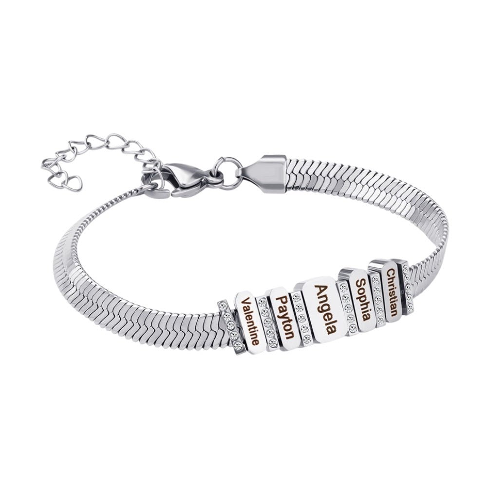Bracelet serpent acier inoxydable argenté, maillons fins, plaques gravées noms personnalisés, zircons brillants.
