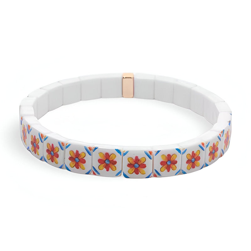 Bracelet en acrylique blanc à motifs floraux orange et rouges sur chaque carré, style Hyacinth pour femme.