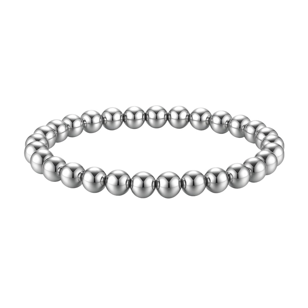Bracelet élastique en perles rondes polies en acier inoxydable argenté.