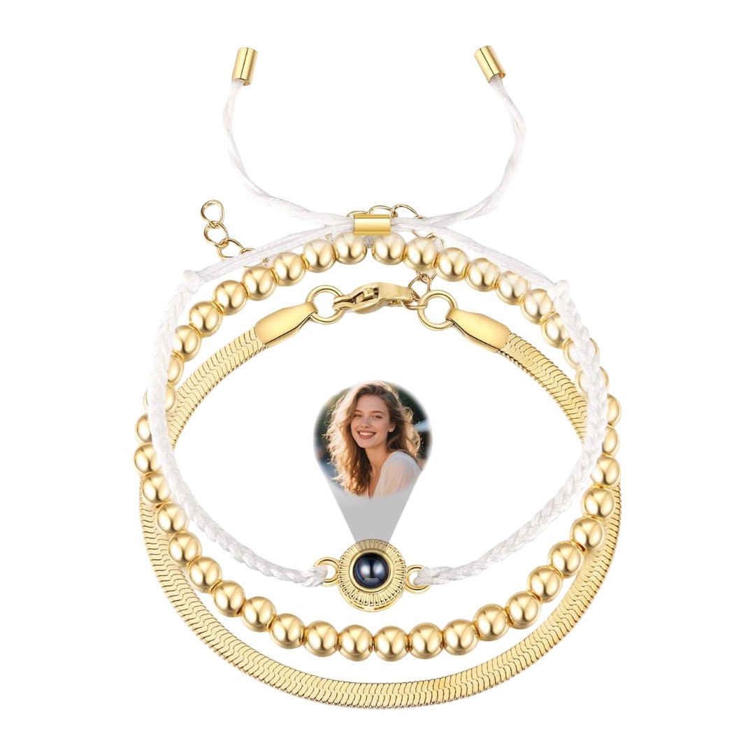 Bracelet fin à cordon blanc ajustable avec perles dorées et acier inoxydable, pendentif rond personnalisable avec photo au.