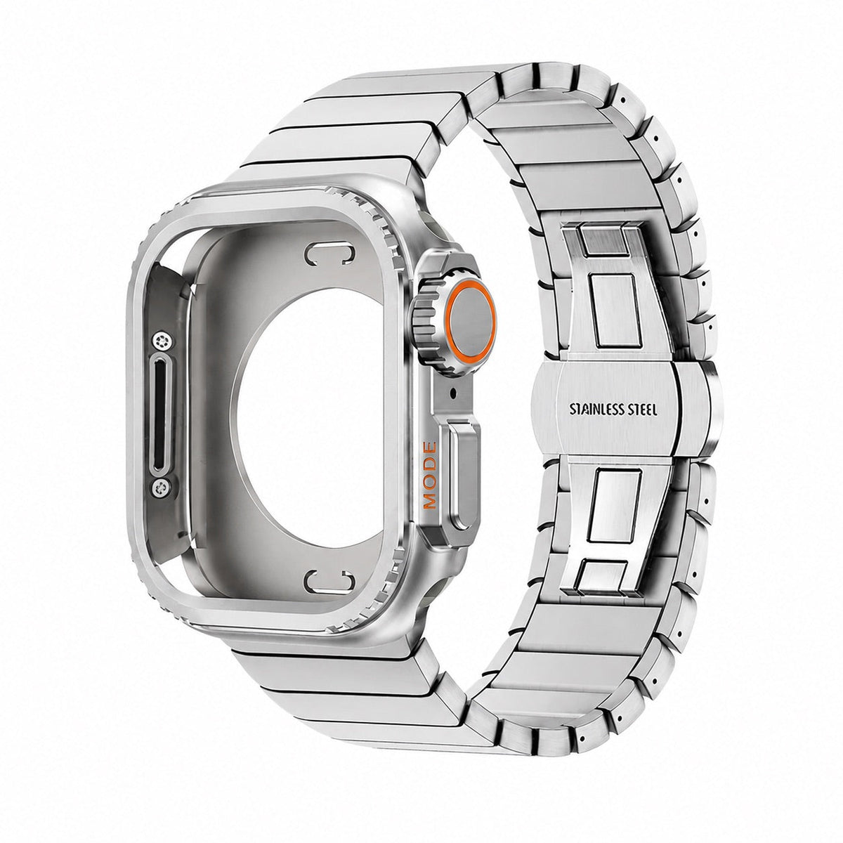 Armband aus rostfreiem Stahl mit vollständig integriertem Gehäuse für Apple Watch, sicherer Schmetterlingsverschluss, modernes sportliches Design, Modell Zedix