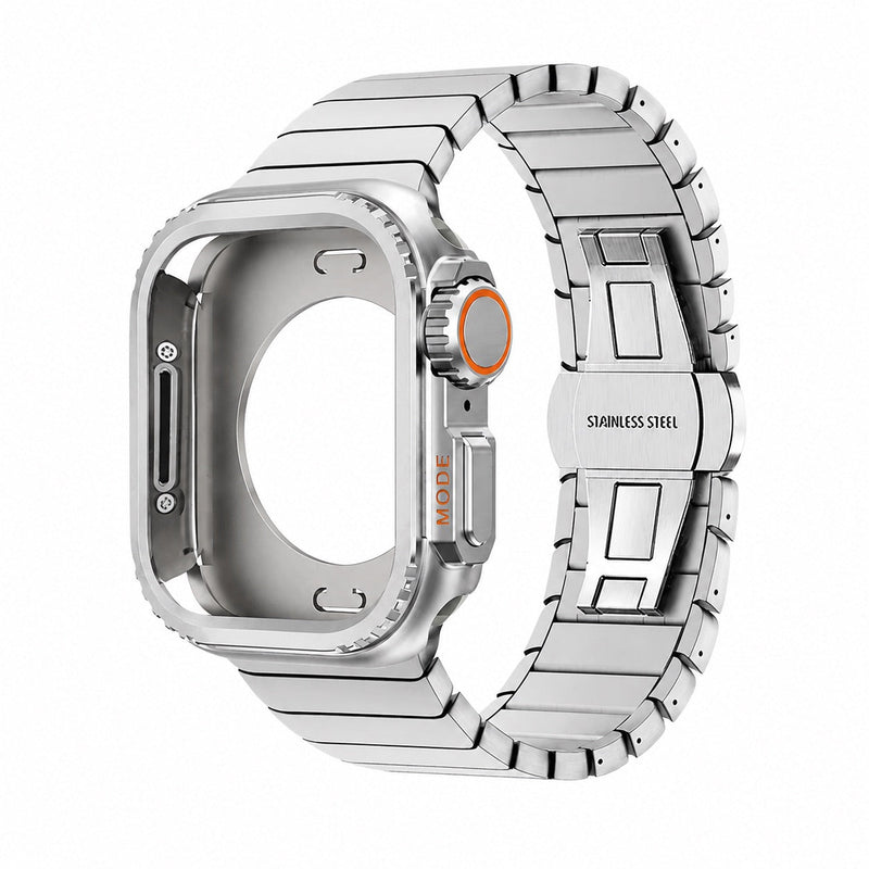 Armband i rostfritt stål med integrerat skal för Apple Watch, säkert fjärilsspänne, modern sportig stil, modell Zedix