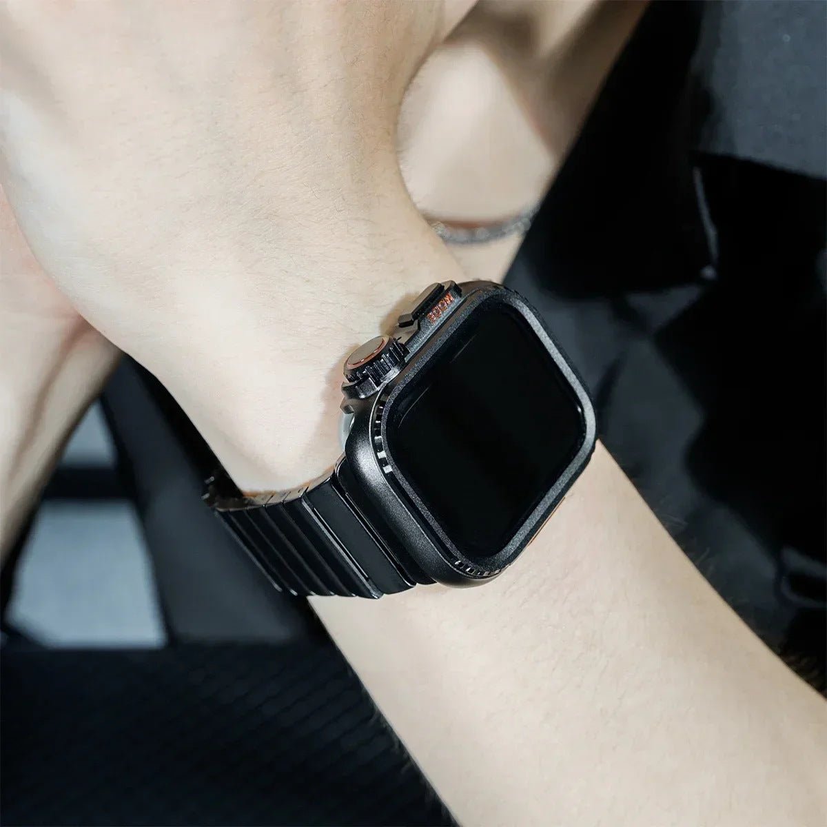 Armband aus rostfreiem Stahl mit vollständig integriertem Gehäuse für Apple Watch, sicherer Schmetterlingsverschluss, modernes sportliches Design, Modell Zedix