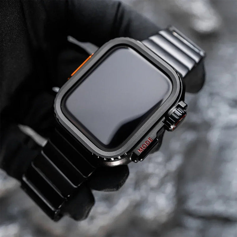 Stainless steel bracelet with full cover for Apple Watch, secure butterfly clasp, modern sporty style, Zedix model