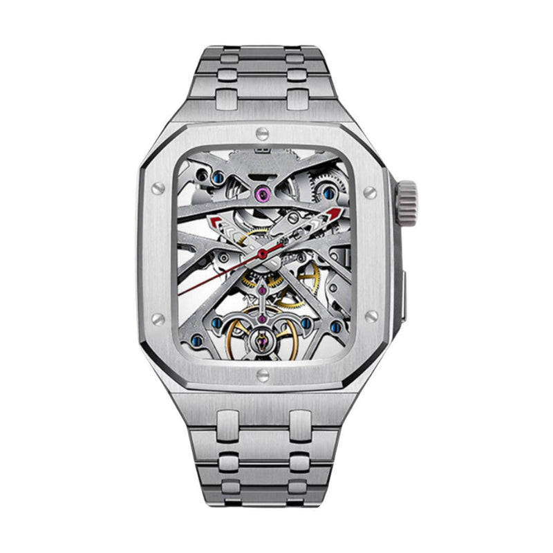 Montre en acier inoxydable avec cadran squelette détaillé et bracelet maille métallique argenté.