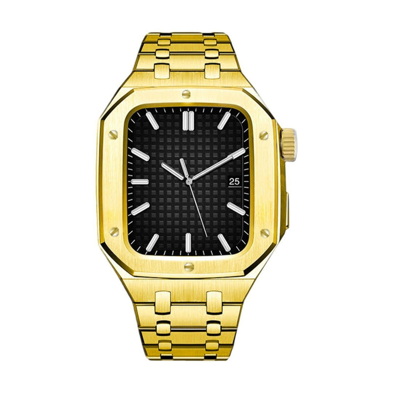 Bracelet en acier inoxydable doré avec coque squelette pour Apple Watch, cadran noir texturé, design sportif et luxe.