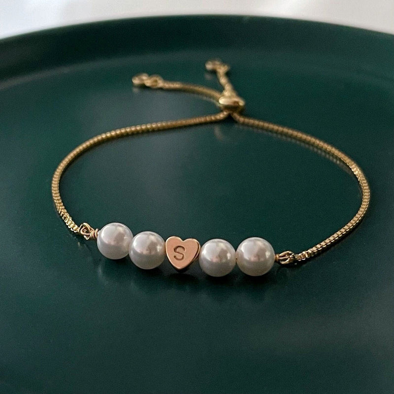 Bracelet ajustable en acier inoxydable, perles synthétiques, cœur personnalisable à graver, modèle Exposita