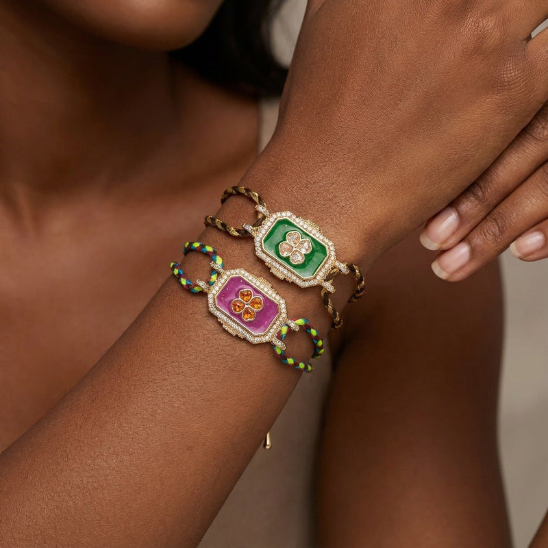 Pulsera ajustable de nailon trenzado, medallón brillante con trébol de cuatro hojas, joya elegante para realzar su muñeca, modelo Térise