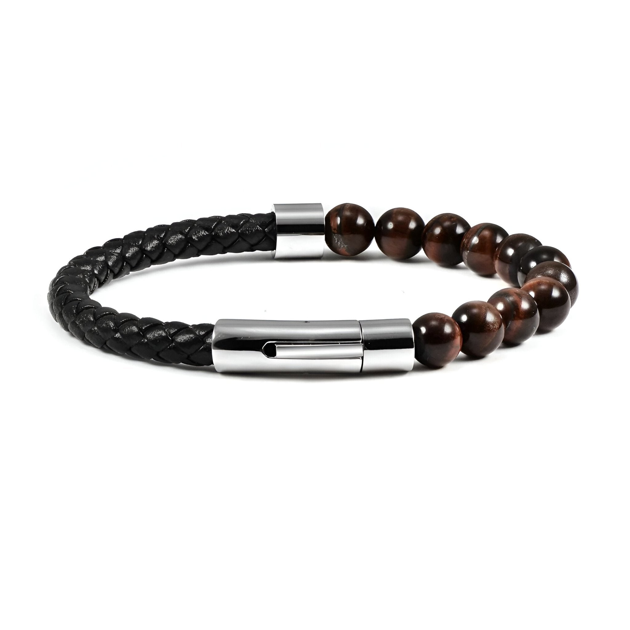 Bracelet pour homme avec cuir tressé noir et perles naturelles d'œil de tigre brun, fermoir métallique argenté.