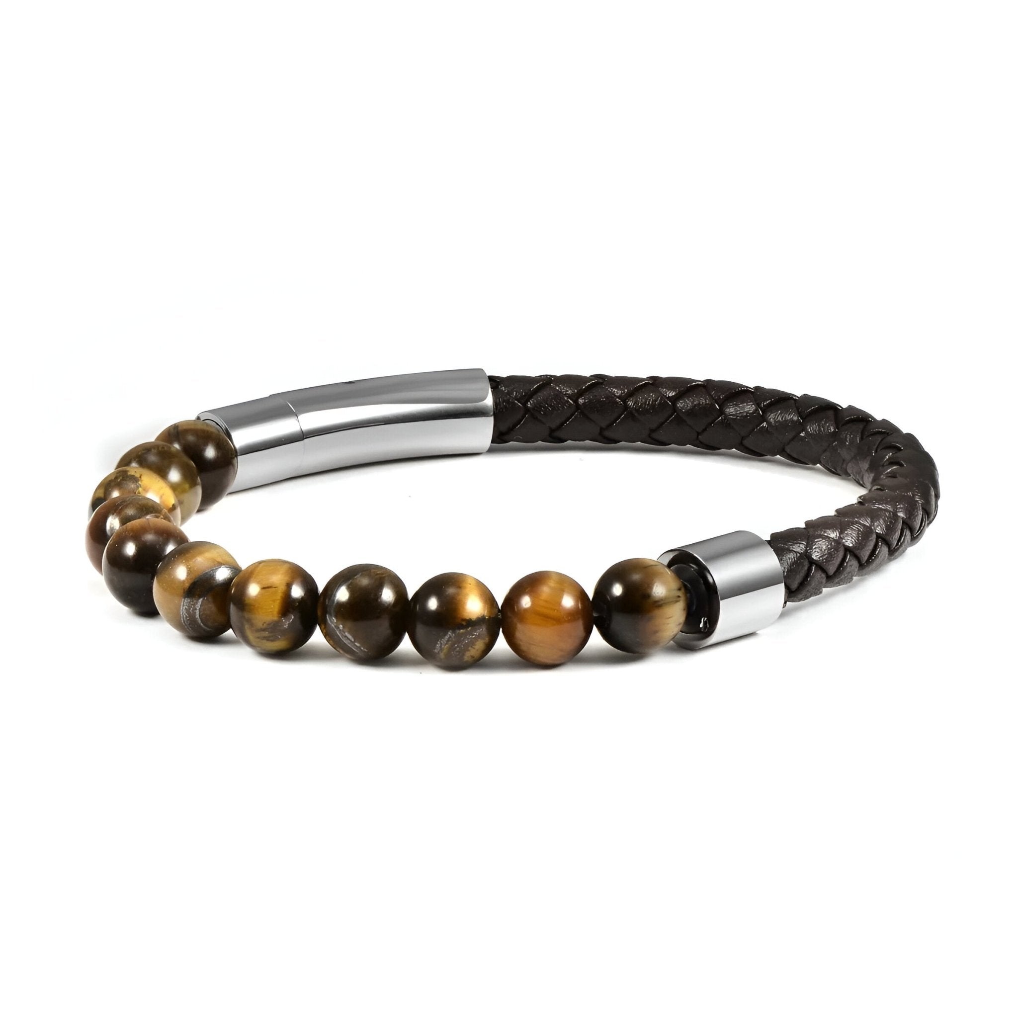 Bracelet pour homme en cuir tressé brun et perles naturelles d'œil de tigre avec fermoir métallique argenté.
