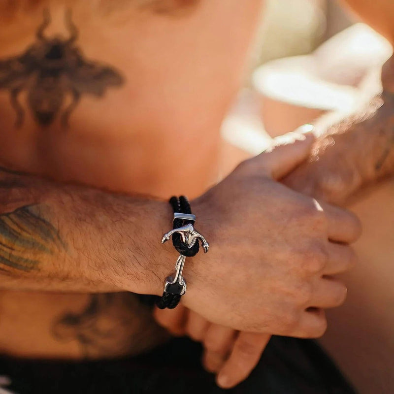 Pulsera ancla doble cordón, de cuero y acero inoxidable, para hombre, modelo Zuri