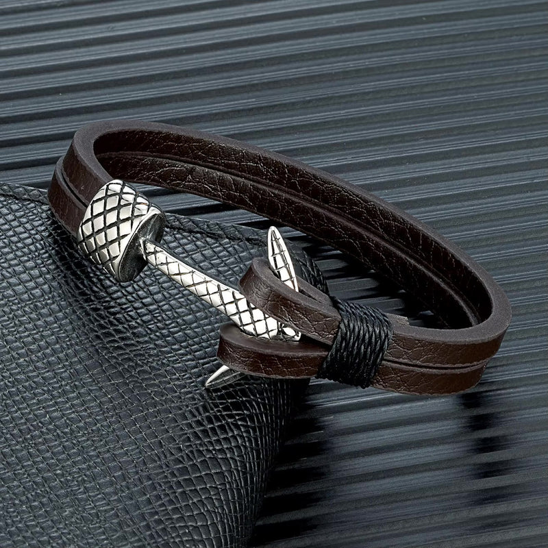 Bracelet ancre homme en cuir et acier inoxydable, bracelet nautique style marin avec ancre argentée et cordon décoratif, modèle Torin