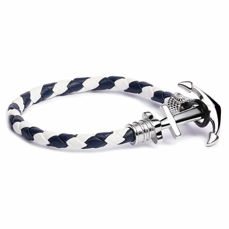 Bracelet ancre en cuir tressé blanc et bleu avec fermoir en acier inoxydable argenté.