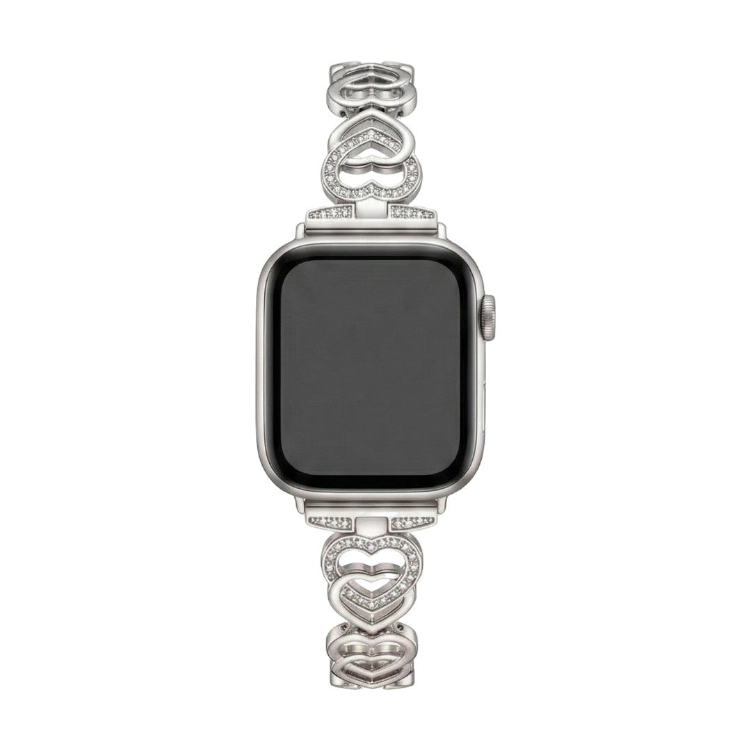 Bracciale per Apple Watch a maglie con cuori intrecciati in metallo, strass brillanti, misura regolabile, modello Pyrone