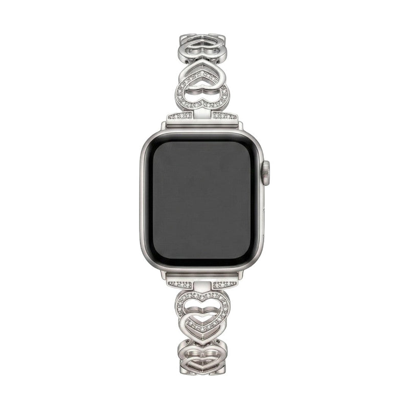 Apple Watch Armband aus Metall mit verschlungenen Herzgliedern, funkelnden Strasssteinen, verstellbarer Größe, Modell Pyrone