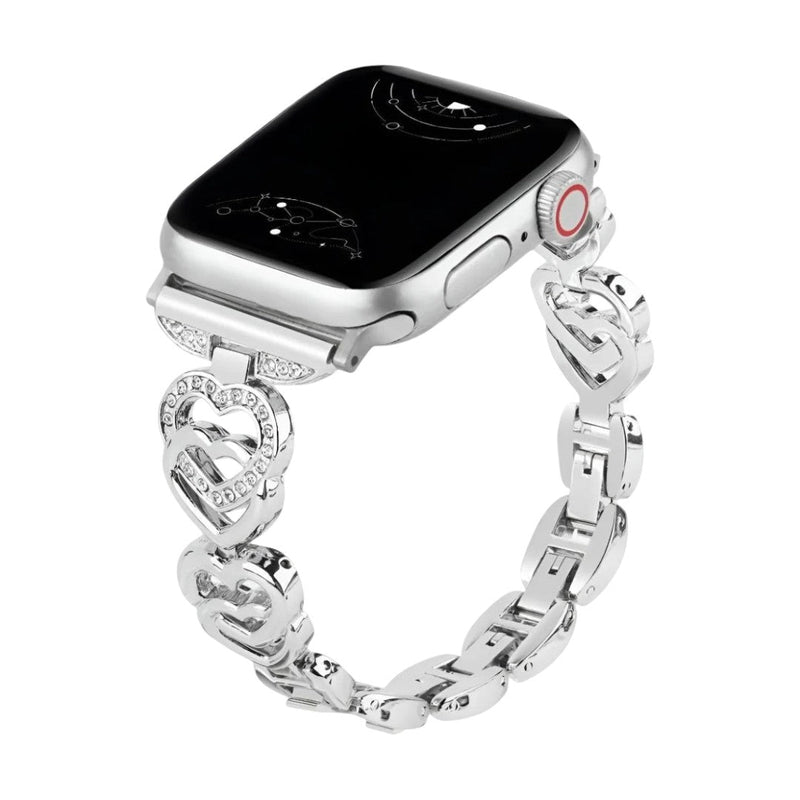 Apple Watch Armband aus Metall mit verschlungenen Herzgliedern, funkelnden Strasssteinen, verstellbarer Größe, Modell Pyrone