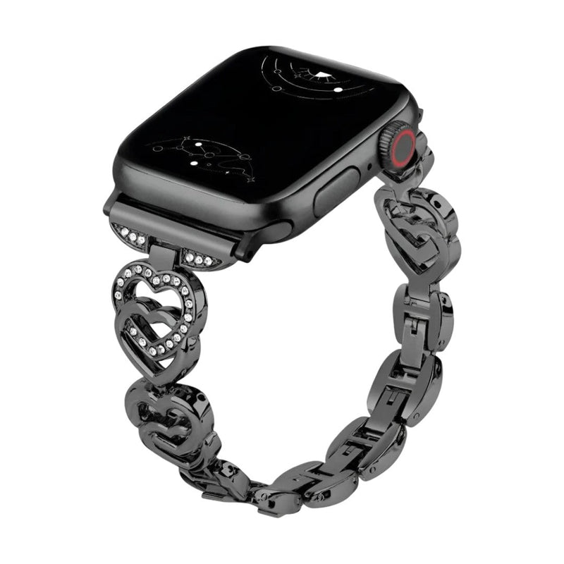 Apple Watch Armband aus Metall mit verschlungenen Herzgliedern, funkelnden Strasssteinen, verstellbarer Größe, Modell Pyrone