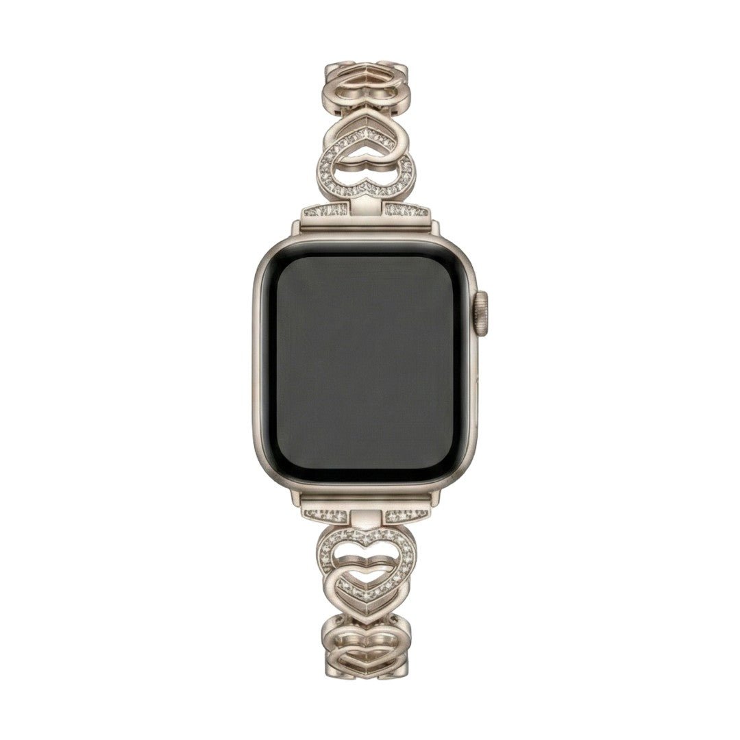 Bracciale per Apple Watch a maglie con cuori intrecciati in metallo, strass brillanti, misura regolabile, modello Pyrone