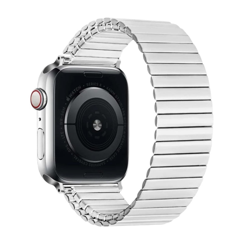 Bracelet élastique argenté en acier inoxydable à maillons larges pour Apple Watch, sans fermoir.