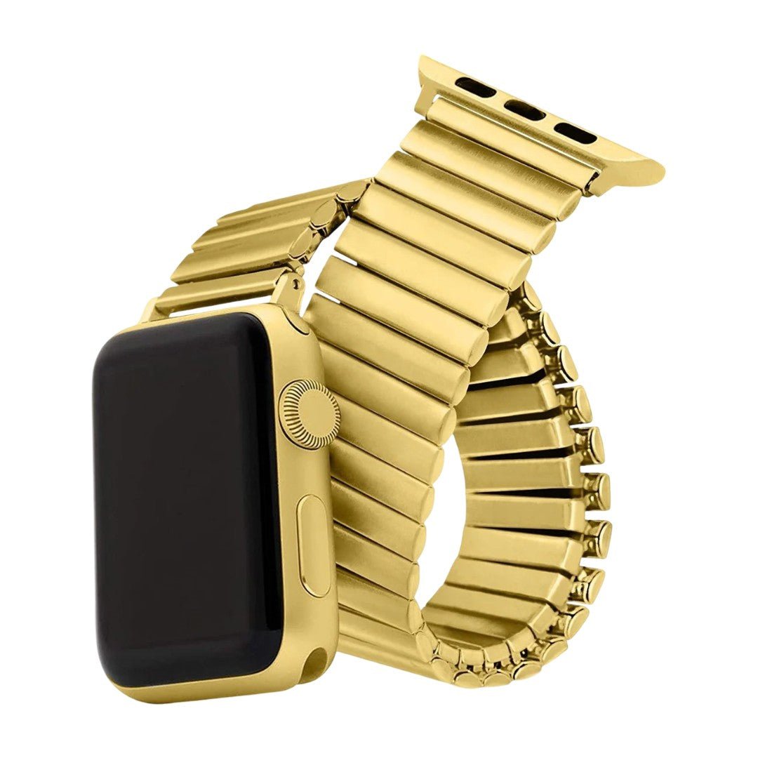 Bracelet Apple Watch extensible en acier inoxydable doré à maillons larges et lisses, sans fermoir.