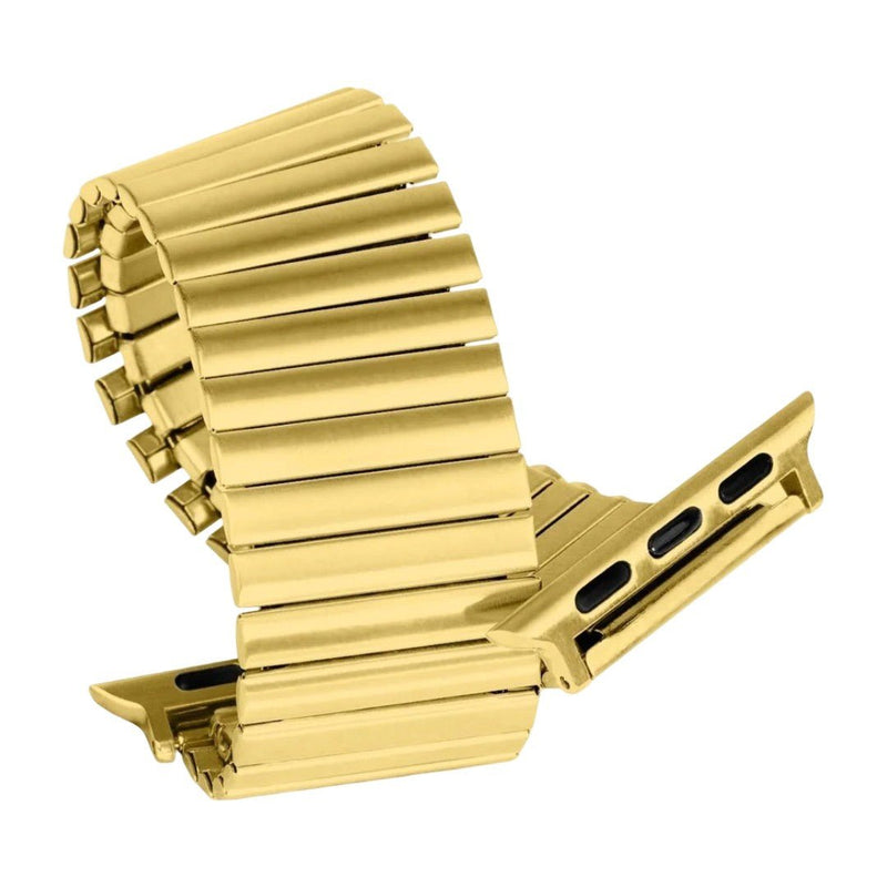 Bracelet Apple Watch en acier inoxydable doré à maillons extensibles sans fermoir, design confortable et flexible.
