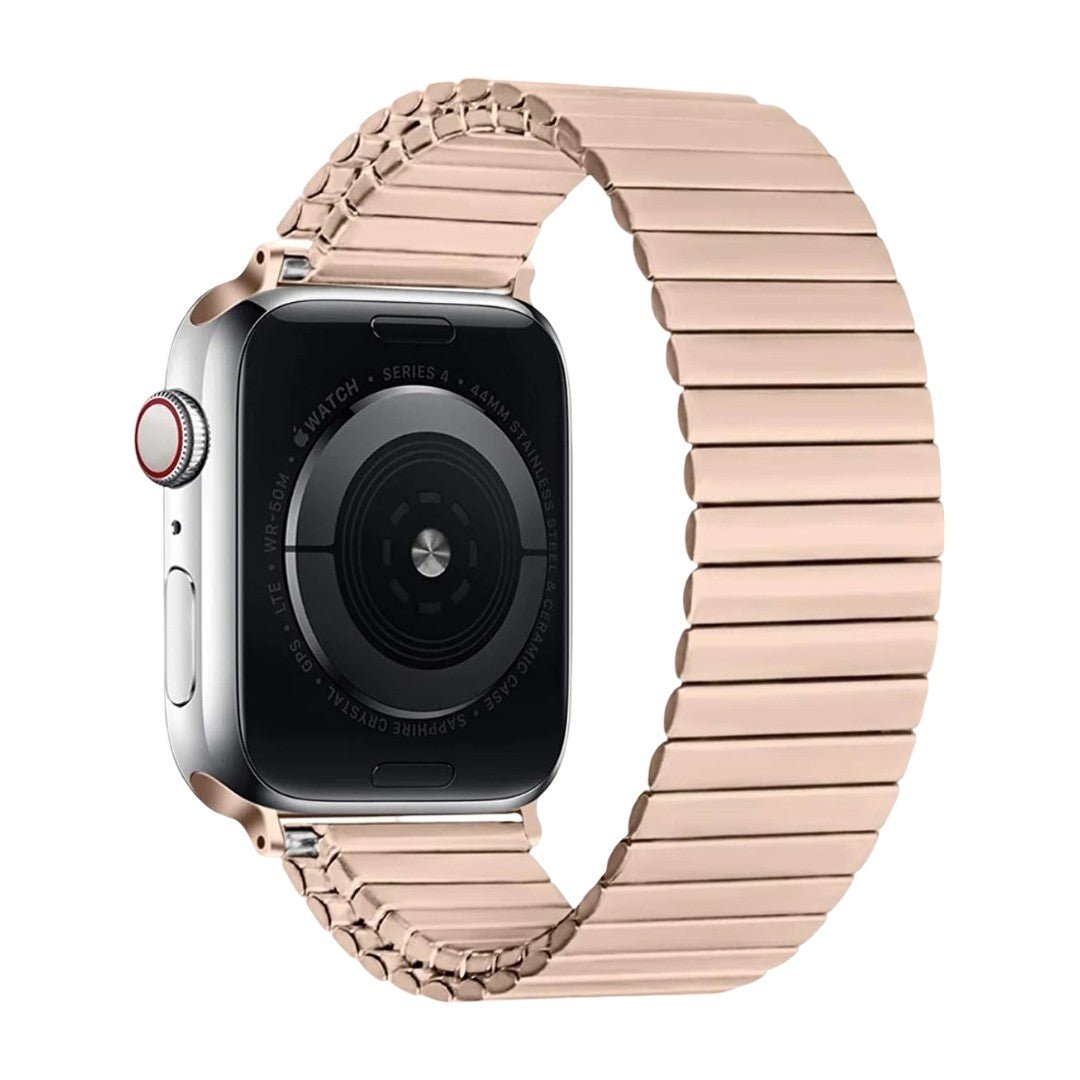 Bracelet extensible en acier inoxydable rose doré pour Apple Watch, design à maillons sans fermoir.