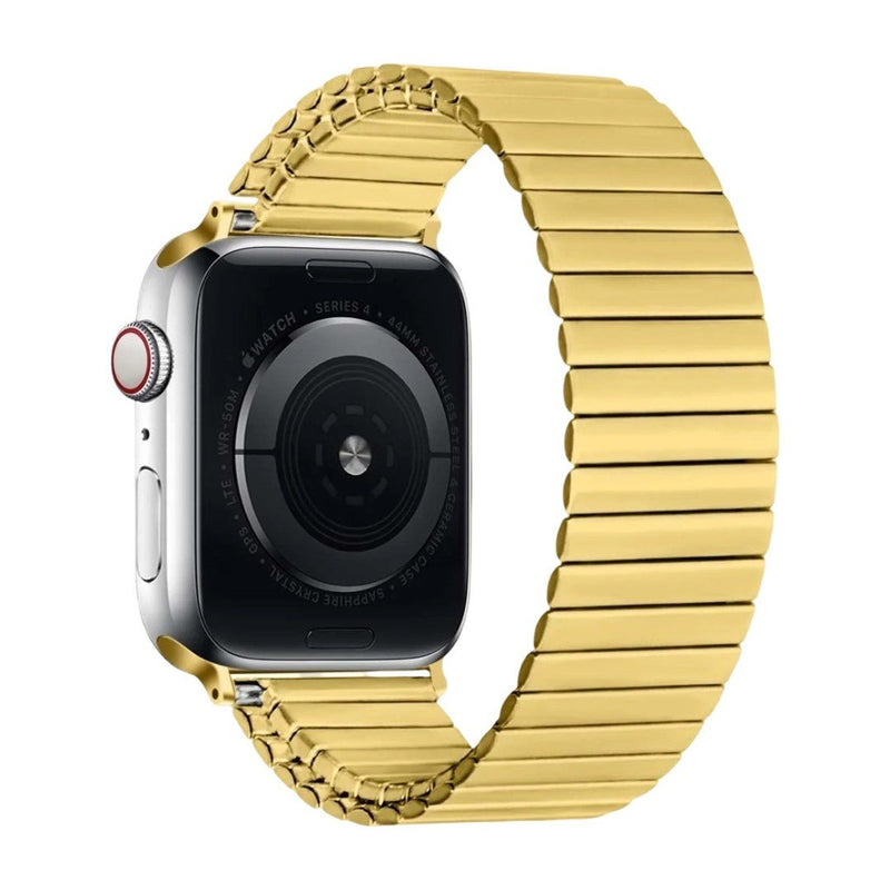 Bracelet extensible doré en acier inoxydable avec maillons larges pour Apple Watch sans fermoir.