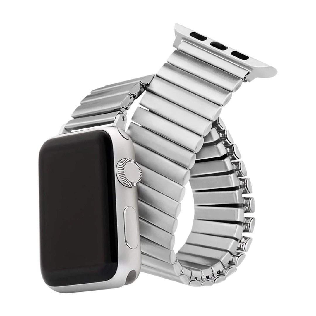 Bracelet pour Apple Watch en acier inoxydable argenté, maillons élastiques larges, sans fermoir, design extensible et lisse.