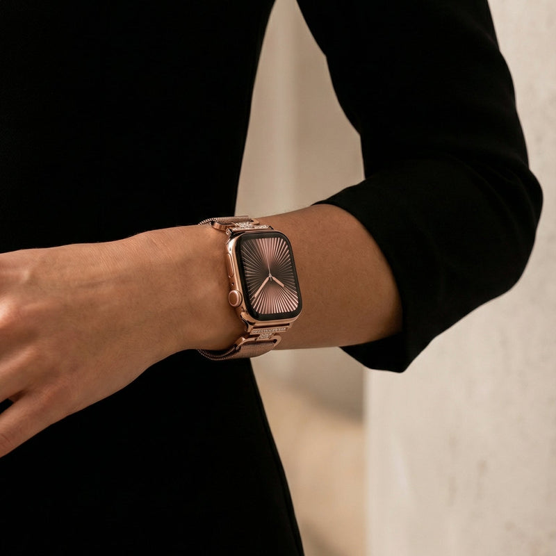 Bracelet Apple Watch acier inoxydable maille milanaise magnétique, compatible Apple Watch 38 à 49 mm, finition élégante avec détails zircon, modèle Élancia