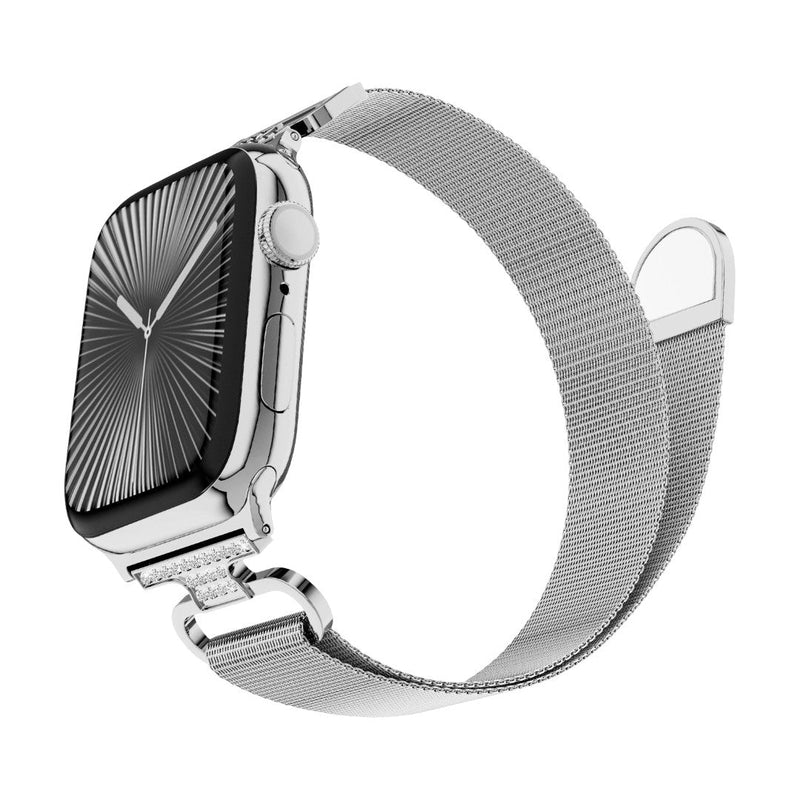 Bracelet Apple Watch acier inoxydable maille milanaise magnétique, compatible Apple Watch 38 à 49 mm, finition élégante avec détails zircon, modèle Élancia