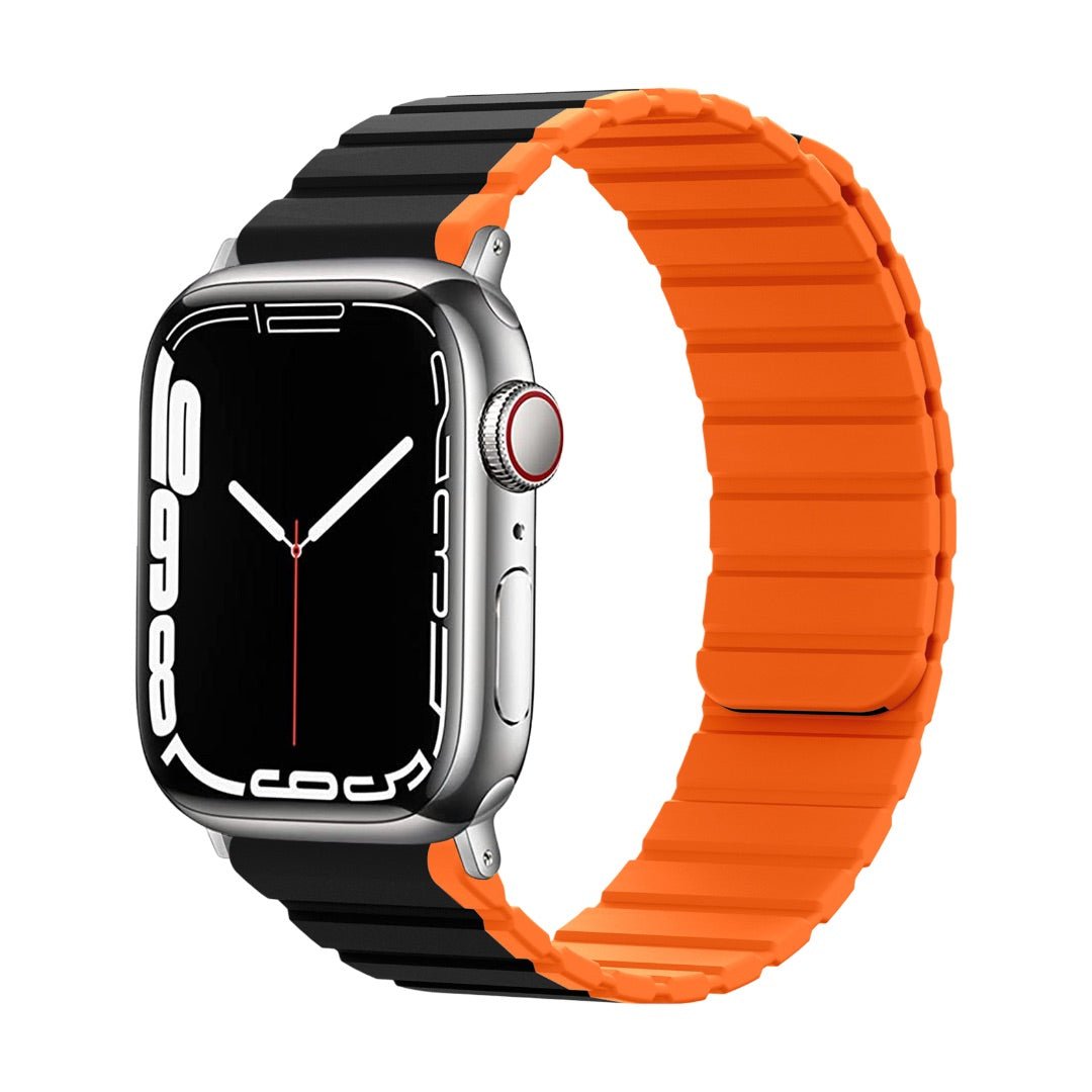 Bracelet Apple Watch silicone bicolore noir et orange avec fermeture magnétique double face, style Kayne.