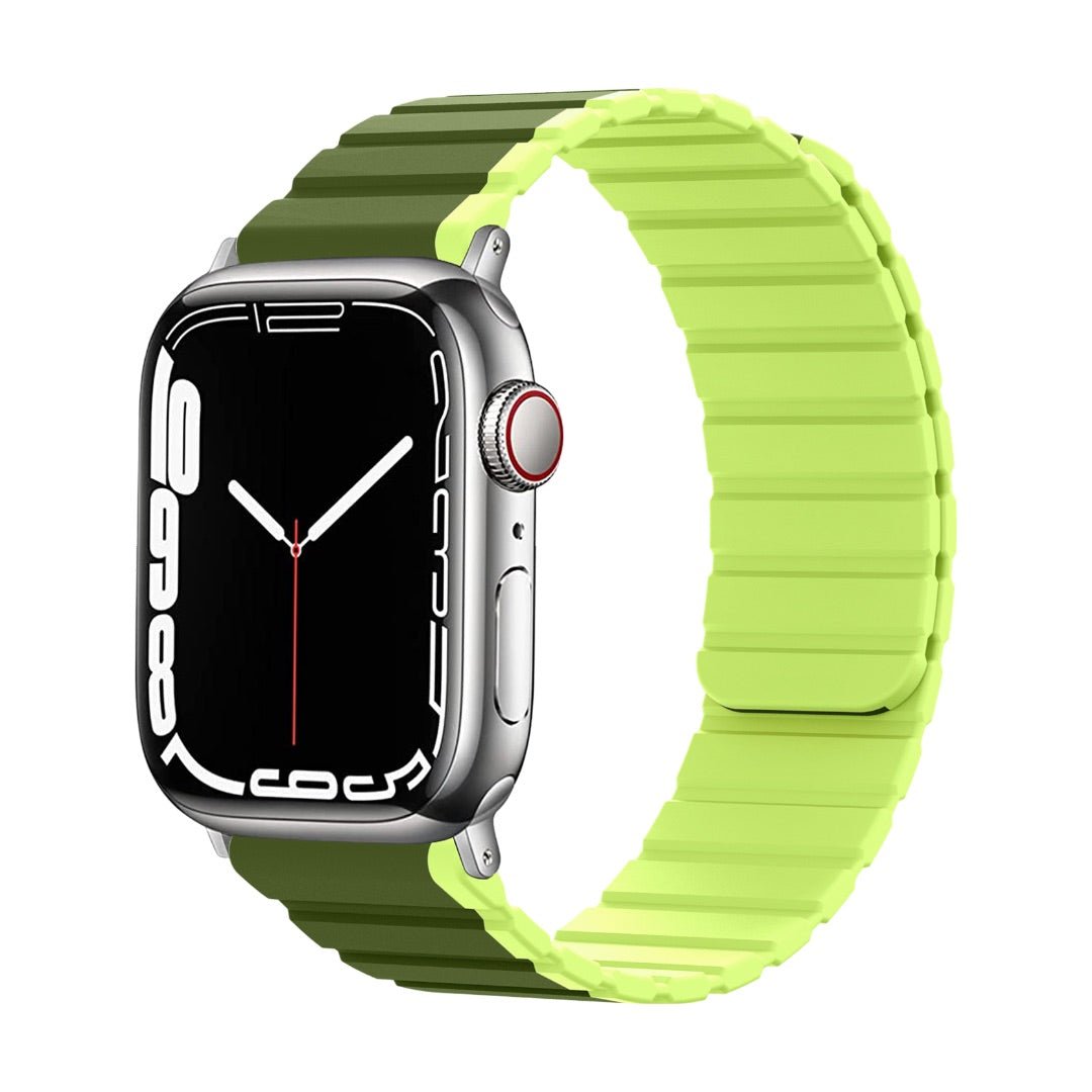 Bracelet Apple Watch silicone bicolore vert olive et jaune citron avec fermeture magnétique double face, style moderne et.