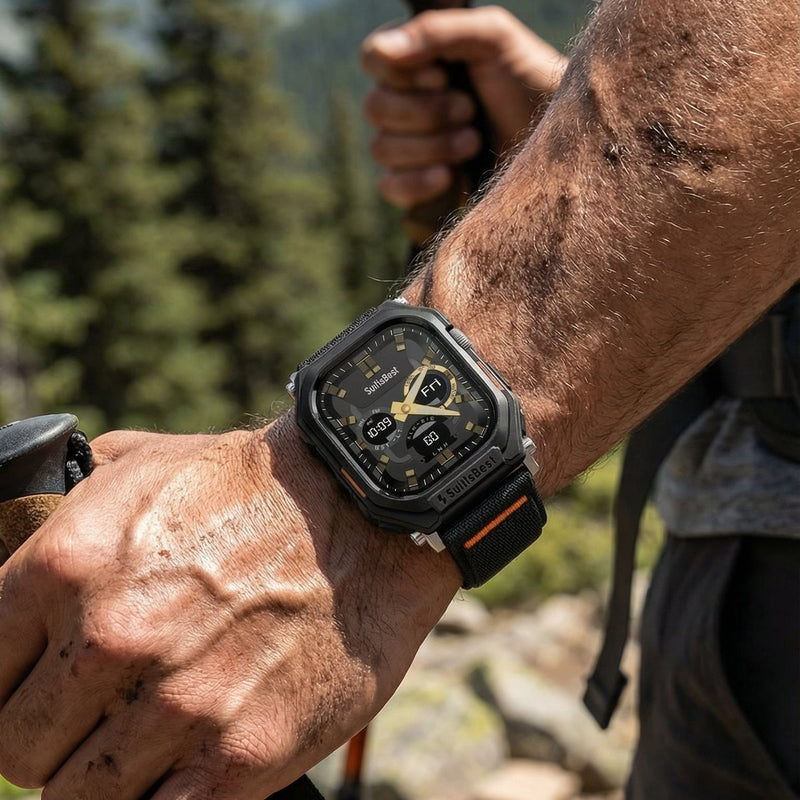 Bracelet Apple Watch noir avec coque intégrée robuste, nylon tressé et fermeture boucle orange, style baroudeur.