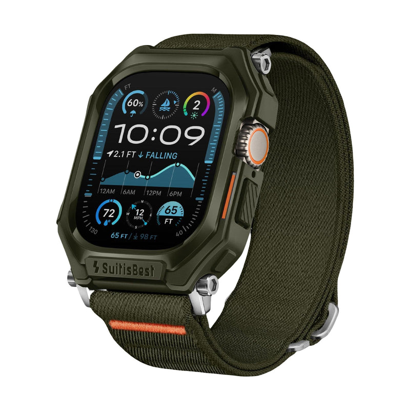 Bracelet Apple Watch noir vert olive en nylon tressé avec coque protectrice intégrée et boucle métallique robustes.