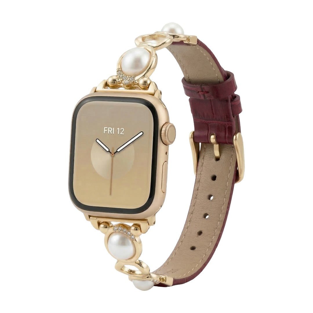 Bracciale Apple Watch gioiello con perle e similpelle vegan, cinturino decorativo per smartwatch con perle e dettagli luminosi, modello Vilestia