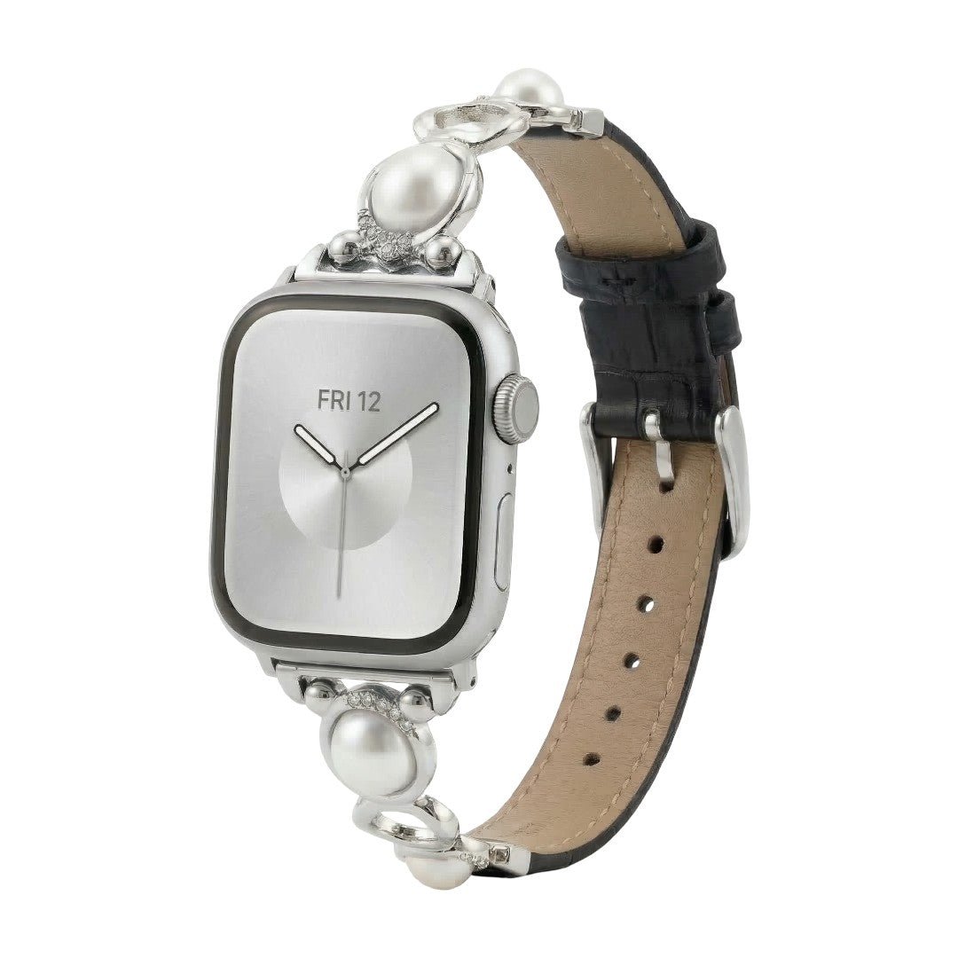 Bracciale Apple Watch gioiello con perle e similpelle vegan, cinturino decorativo per smartwatch con perle e dettagli luminosi, modello Vilestia