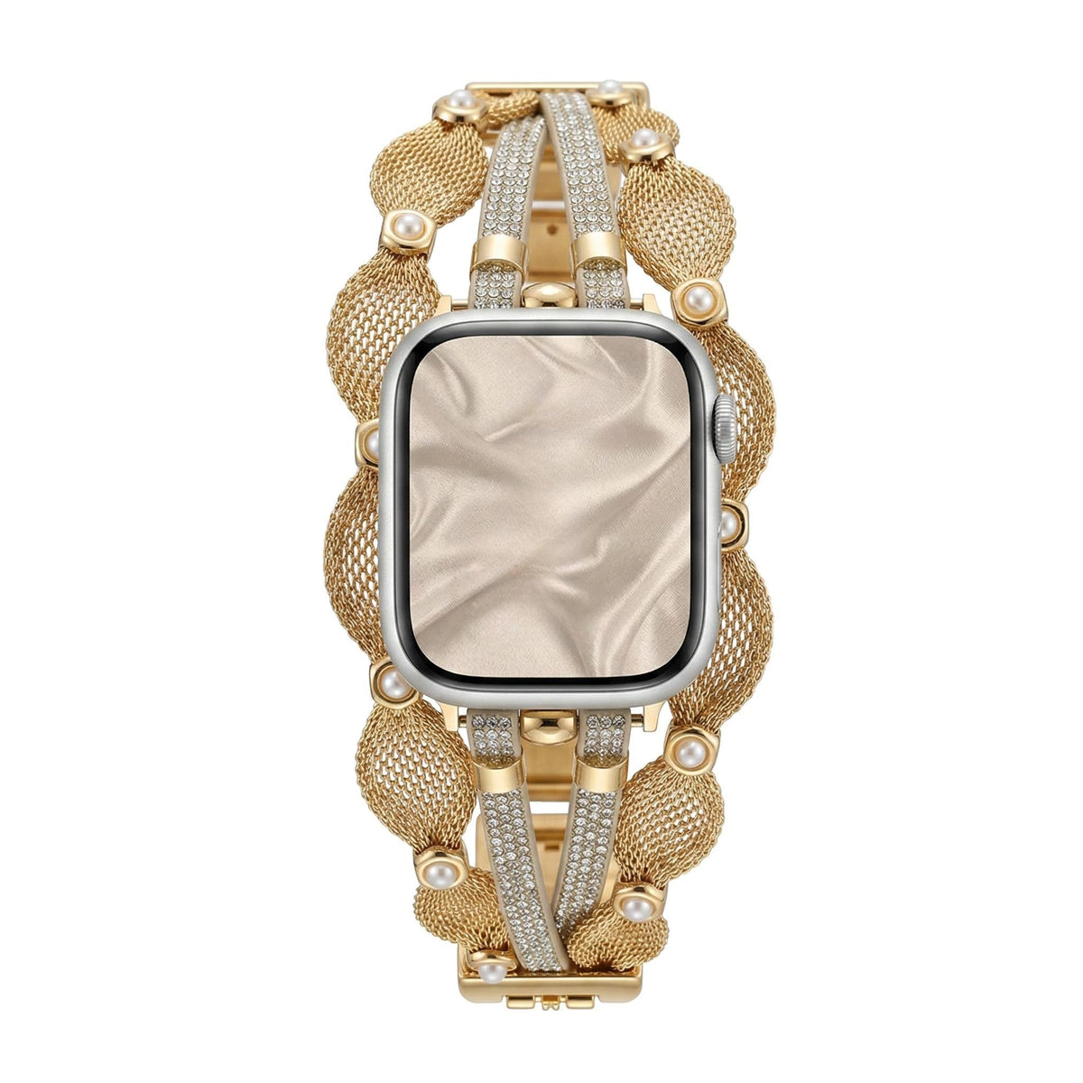 Elegantes Apple Watch Armband, geflochtenes Mesh, Perlen mit Perlmuttglanz, glitzernde Bänder, Clipverschluss, Modell Darune