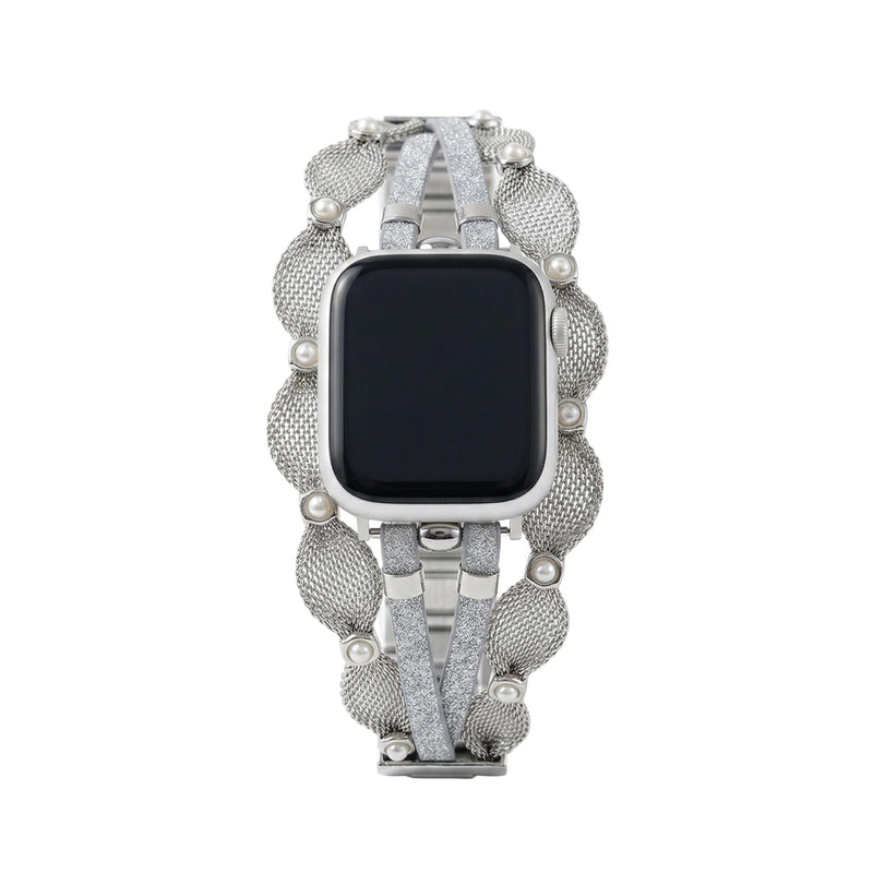Chic Apple Watch Bracelet, braided mesh, mother-of-pearl beads, sparkling straps, clip clasp, Darune model