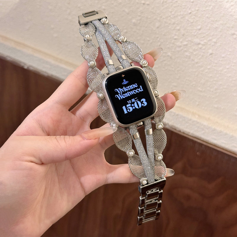 Chic Apple Watch Bracelet, braided mesh, mother-of-pearl beads, sparkling straps, clip clasp, Darune model