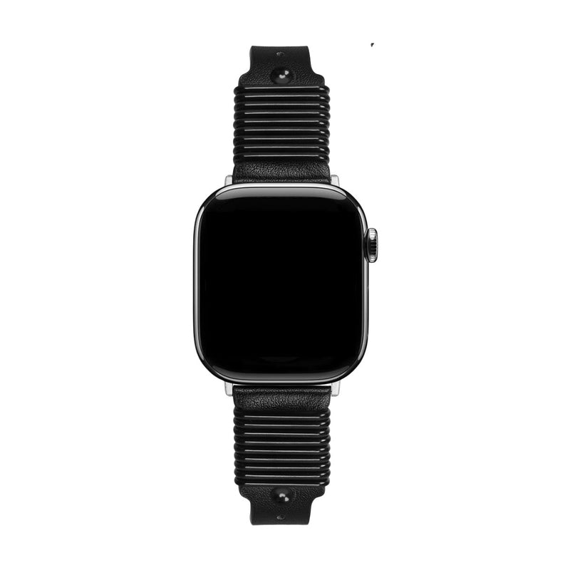 Bracelet Apple Watch cuir noir avec boucle élégante et design à effet ressort stylisé.
