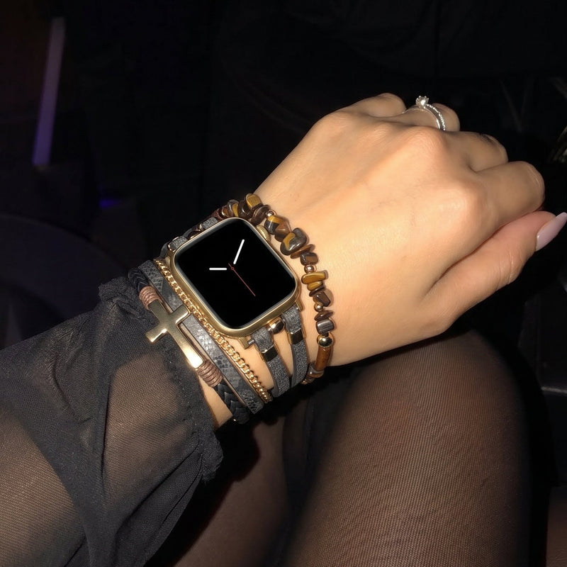 Bracelet Apple Watch cuir femme, bracelet multi-rangs oeil de tigre, bracelet montre croix chrétienne, bracelet maillons dorés ajustables, modèle Azertia