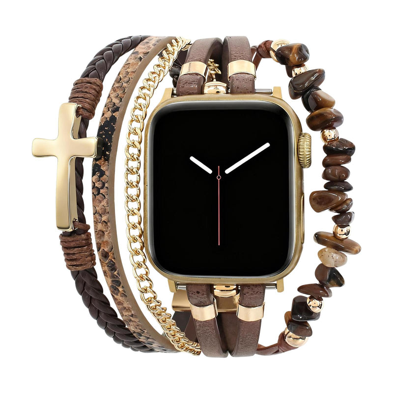 Bracelet Apple Watch cuir femme, bracelet multi-rangs oeil de tigre, bracelet montre croix chrétienne, bracelet maillons dorés ajustables, modèle Azertia