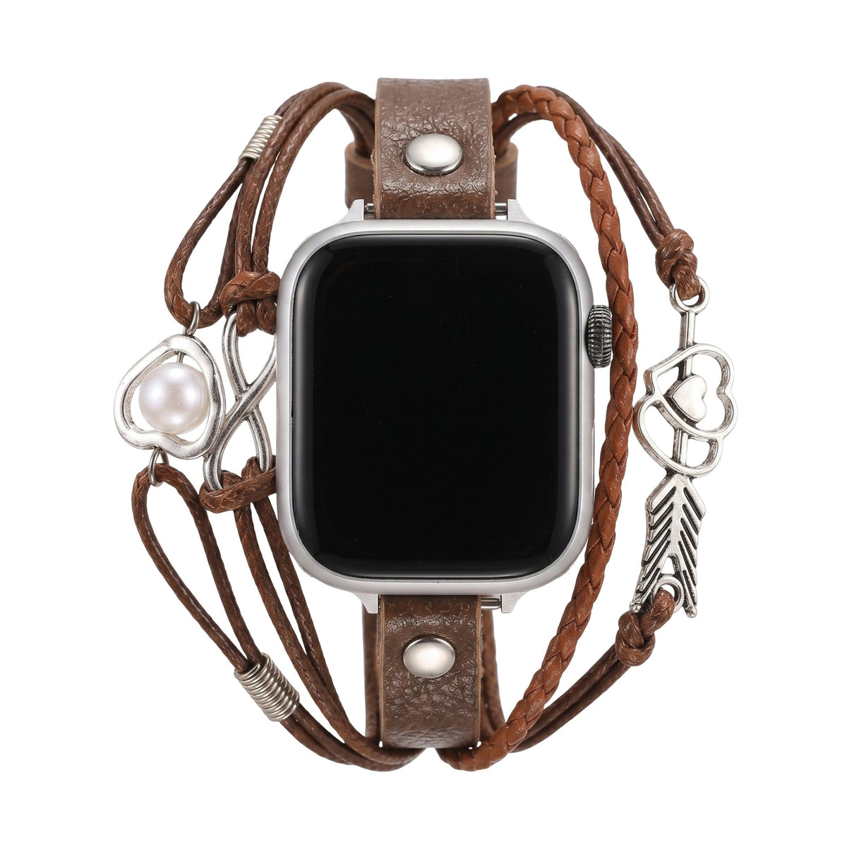 Apple Watch læderarmbånd til kvinder, uendeligt hjerte og sølvfarvet pil, flettet læderurrem med flere rækker, model Wendie
